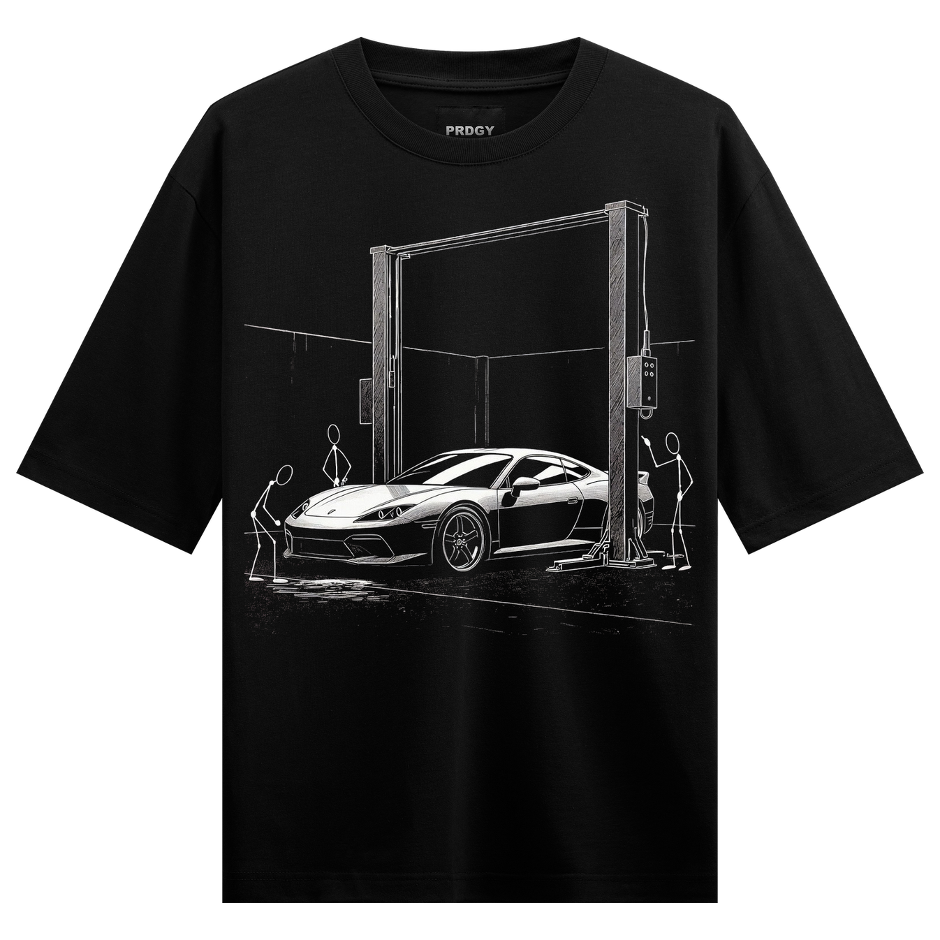 Carshop Oversized T-Shirt by PRDGY — minimalist design featuring a sports car and stick figure mechanics, minimalist design