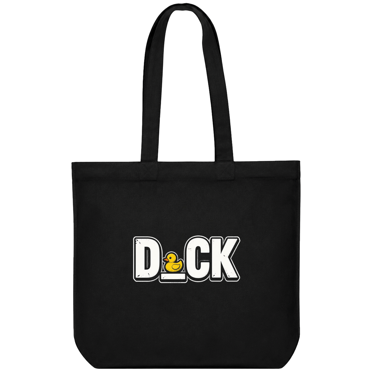 A black t-shirt featuring bold white letters spelling D CK with a yellow duck graphic on PRDGY oversized t-shirt