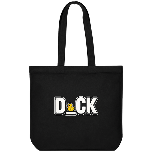 A black t-shirt featuring bold white letters spelling D CK with a yellow duck graphic on PRDGY oversized t-shirt