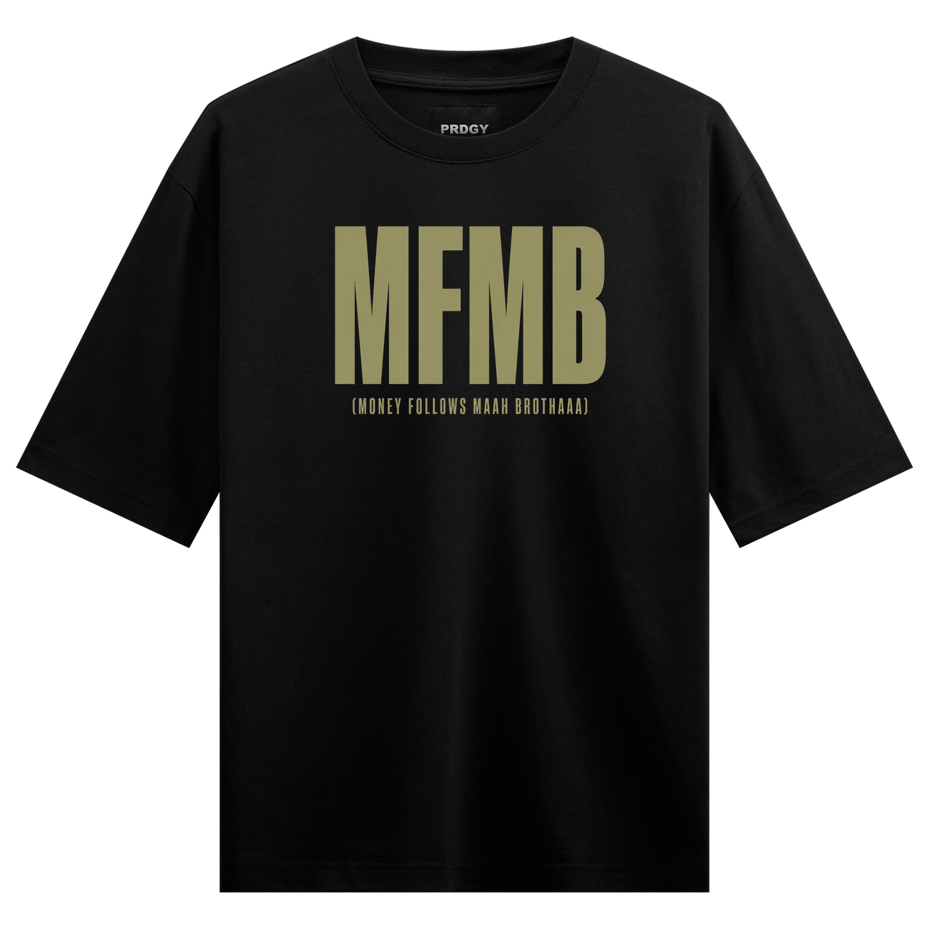 A black t-shirt features the bold gold text MFMB with smaller gold text below reading MONEY FOLLOWS MAAH BROTHAAA and a sm...