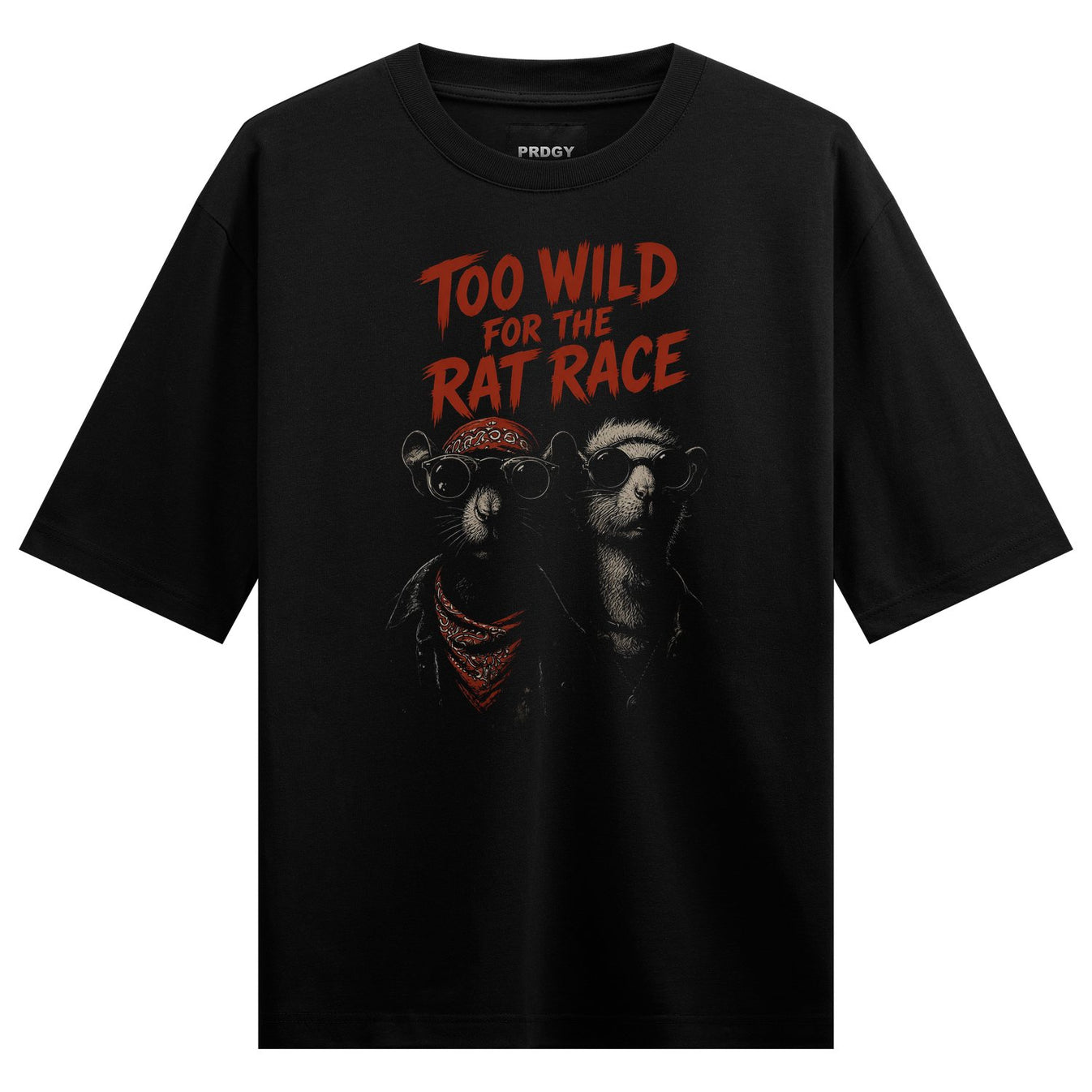 A black t-shirt features red text reading TOO WILD FOR THE RAT RACE above two illustrated rats wearing sunglasses and a ba...