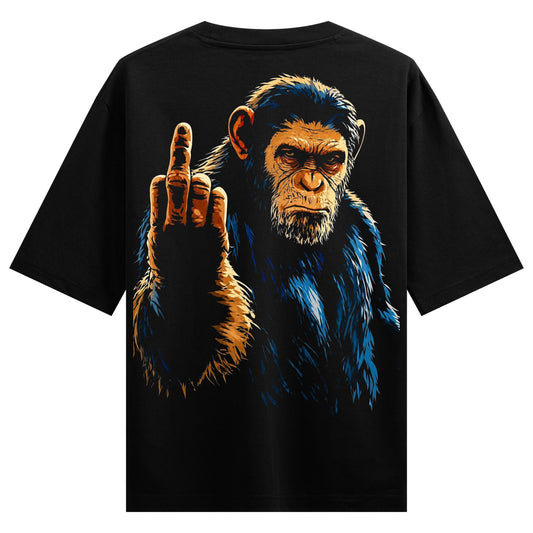 A chimpanzee with blue and orange fur intense eyes and raised middle finger on black fabric on PRDGY oversized t-shirt