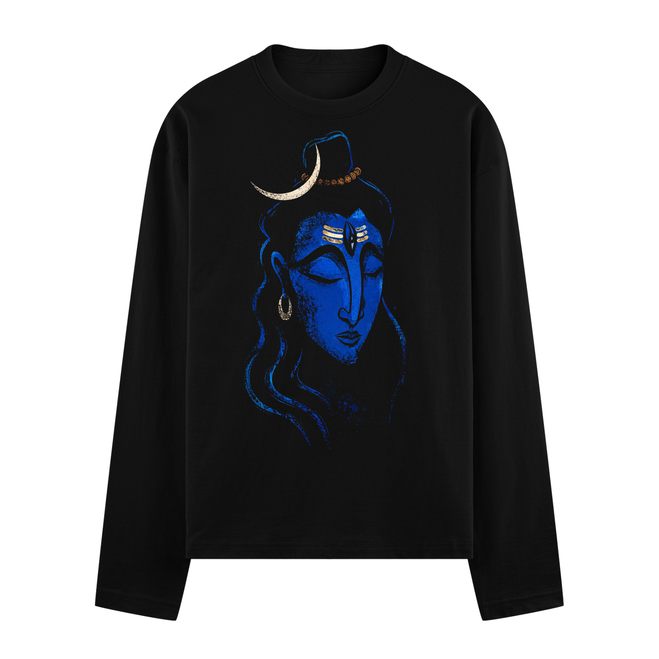 A black t-shirt features a striking blue portrait of Lord Shiva with a third eye crescent moon and gold earring on PRDGY o...