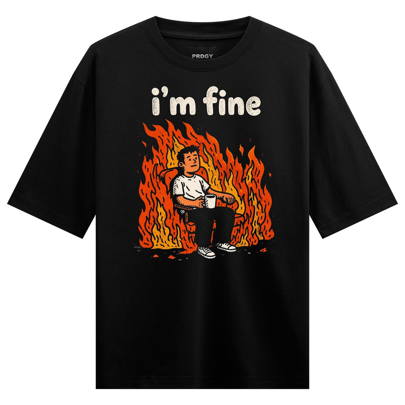 A cartoon man sits in a chair holding a white cup amidst vibrant orange and yellow flames on a black t-shirt on PRDGY over...