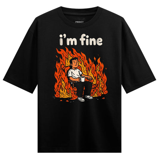 A cartoon man sits in a chair holding a white cup amidst vibrant orange and yellow flames on a black t-shirt on PRDGY over...
