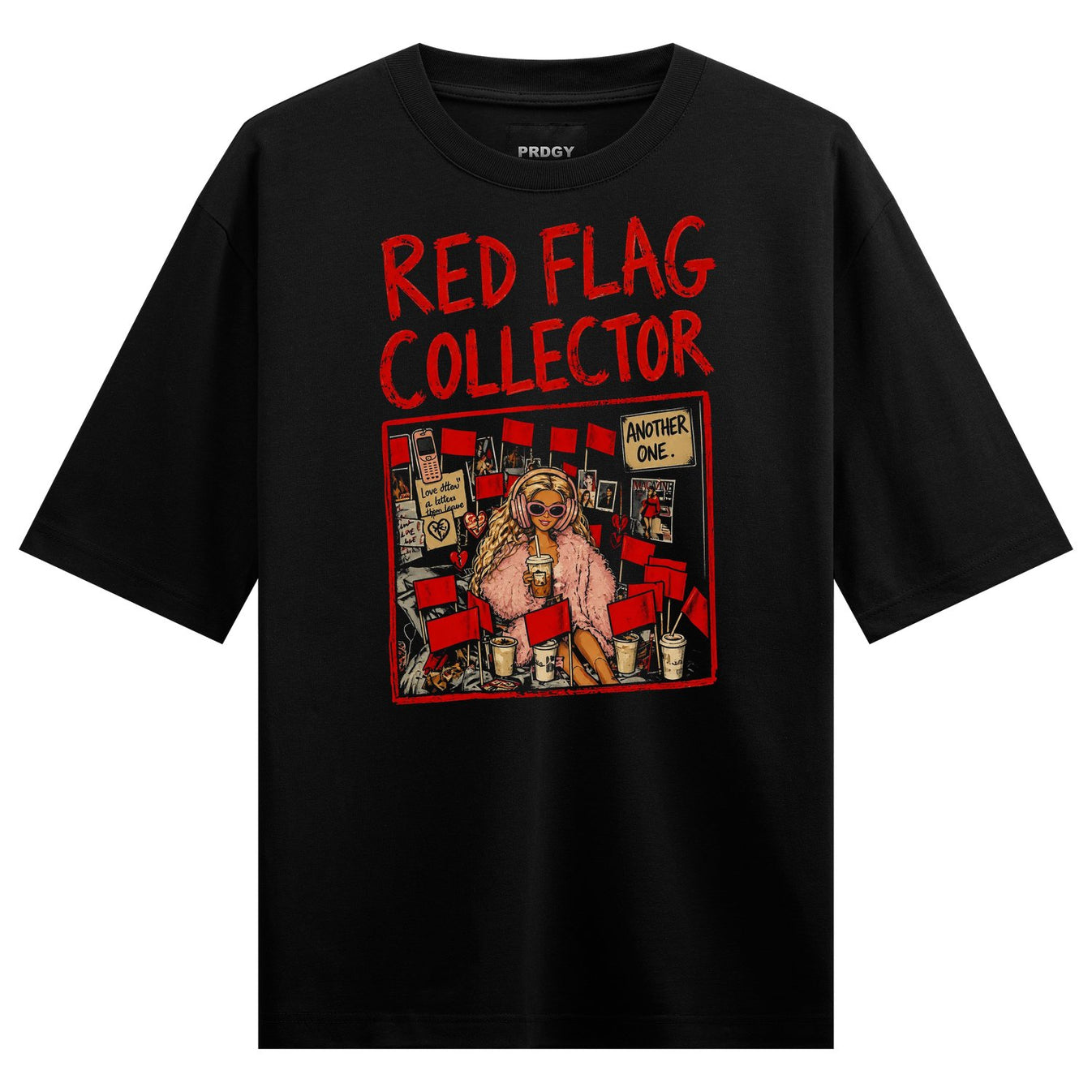 A black t-shirt features red text RED FLAG COLLECTOR above an illustration of a blonde figure in pink fur holding a coffee...