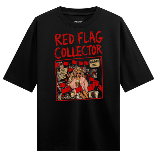 A black t-shirt features red text RED FLAG COLLECTOR above an illustration of a blonde figure in pink fur holding a coffee...