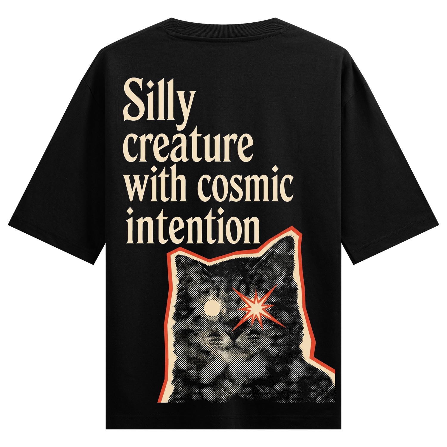 Astral Creature T-Shirt by PRDGY — a cat with a starburst eye and cosmic intention text, cosmic design