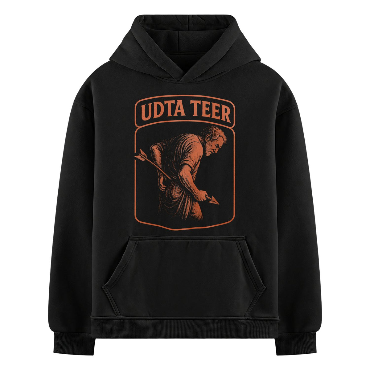 Aadat Se Majboor Oversized Hoodie — Black hoodie with orange graphic of man holding spear inside shield outline with 'UDTA TEER'