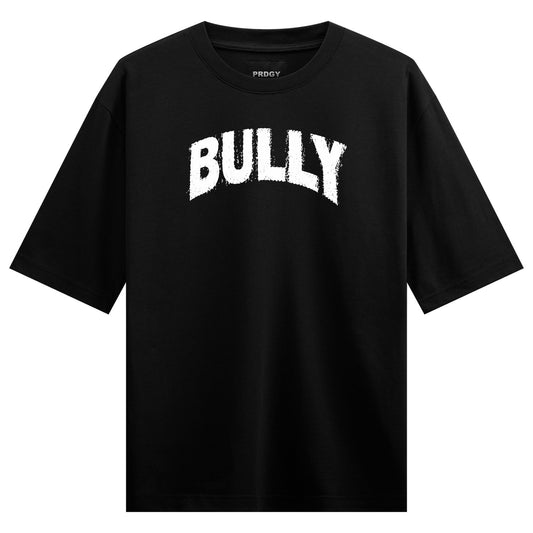 Black short-sleeve t-shirt with arched white distressed lettering spelling BULLY centered on the chest on PRDGY oversized...