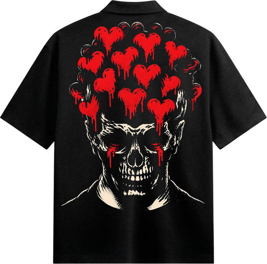 A black t-shirt featuring a detailed skull with red eyes and a cluster of dripping red hearts forming a crown on its head...