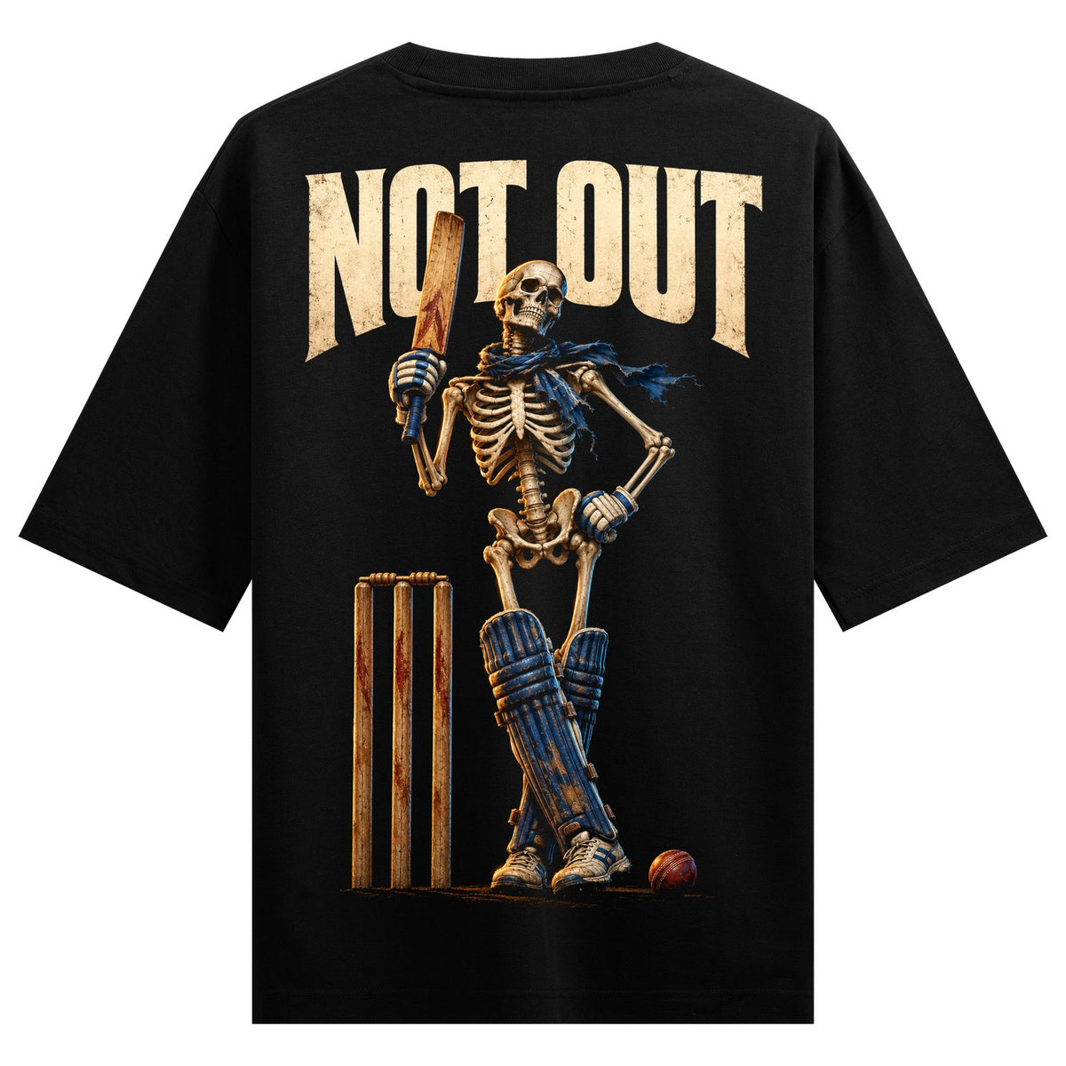 indian Gold Oversized T-Shirt — a detailed skeleton in cricket gear, holding a bat, with stumps and a ball, against