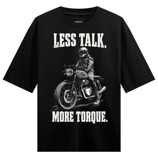 Torque Rider Oversized T-Shirt — Black t-shirt with white distressed text and a monochrome biker on a classic motorcycle