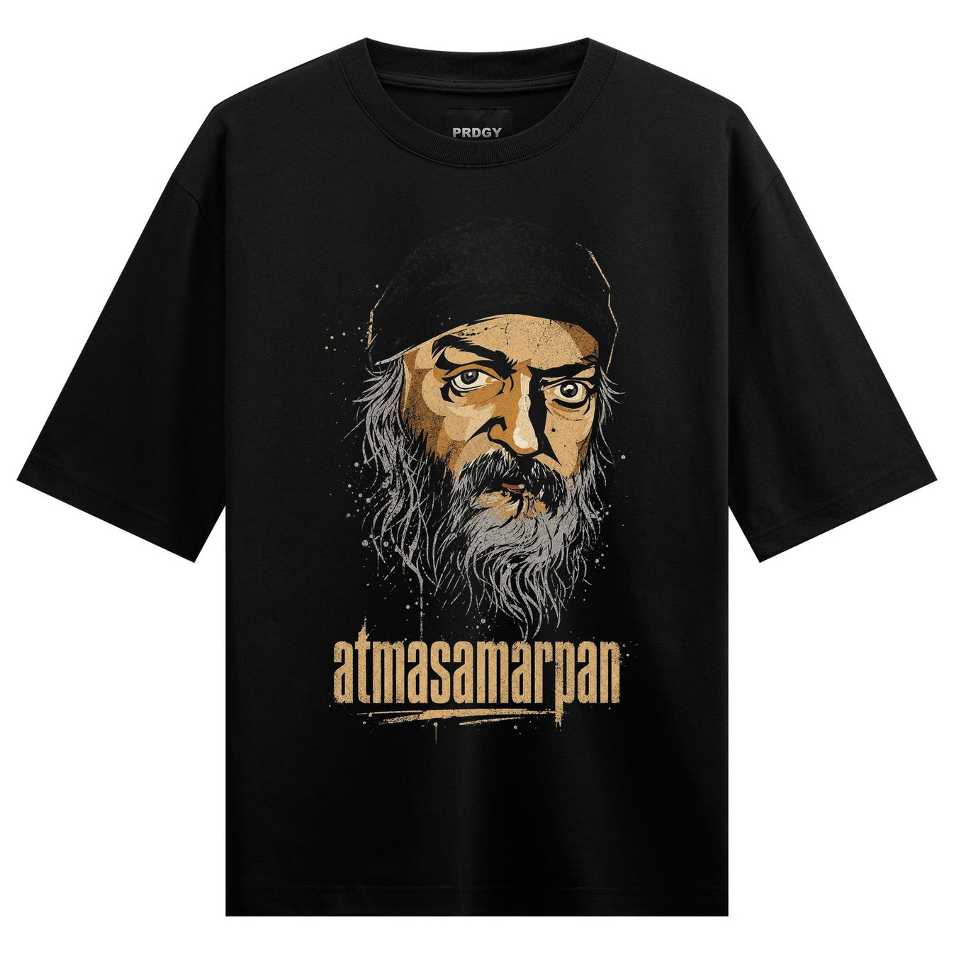 A black t-shirt features a detailed illustration of a man s face with a long beard wearing a beret against a dark backgrou...