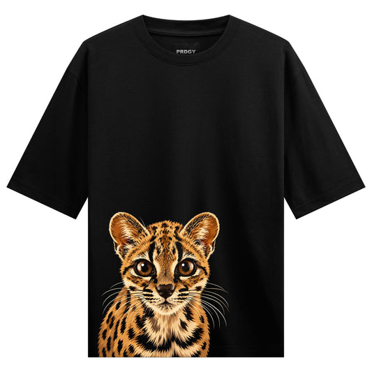 Tilcayo the Cat Oversized T-Shirt by PRDGY — realistic illustration of a cat with big eyes and spotted brown fur, animal