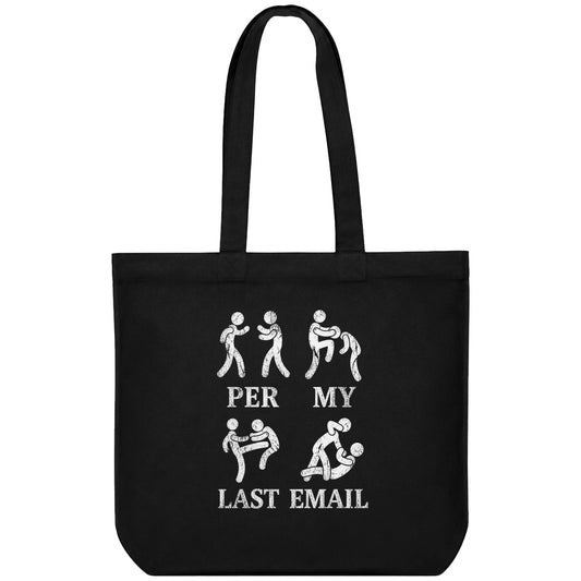 Four white stick figures in fighting poses on a black tee with bold white text reading PER MY LAST EMAIL on PRDGY oversize...