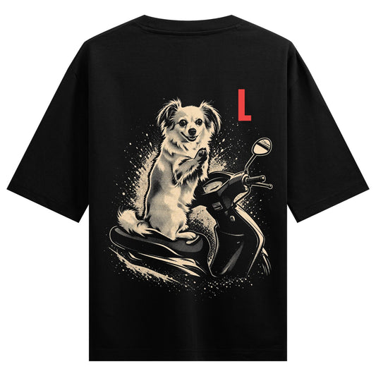 Scooter Pup artwork on PRDGY oversized t-shirt