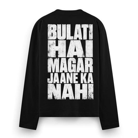 Bulati Hai Oversized T-Shirt by PRDGY — bold white distressed text graphic print on black, humour design