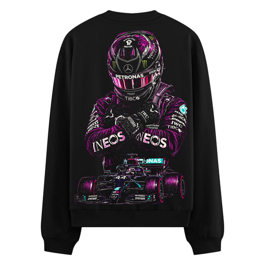 Purple Race King Oversized Sweatshirt — a race driver in purple gear with flames and sponsor logos above a race car