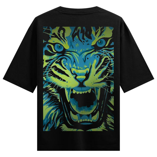 A close-up graphic illustration of a tiger s face with its mouth open revealing sharp teeth rendered in striking blue and...