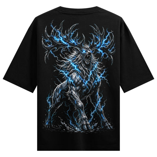 A detailed illustration of a muscular stag with glowing blue eyes and large branching antlers crackling with blue lightnin...