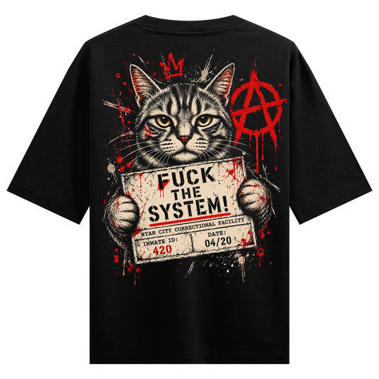 A cat with a serious expression holds a mugshot sign with bold text and red splatters around it on PRDGY oversized t-shirt