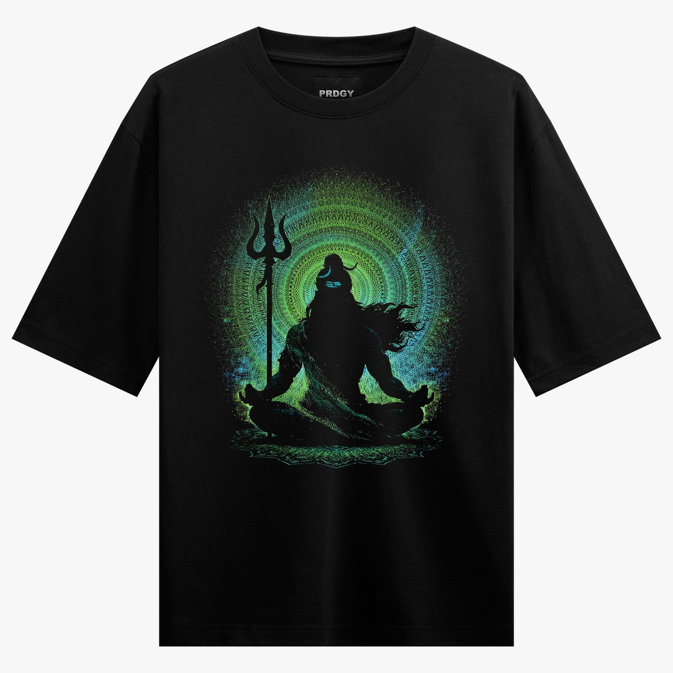 Shiva Aura Oversized T-Shirt by PRDGY — Mystical Lord Shiva silhouette with glowing neon green aura, spiritual design.