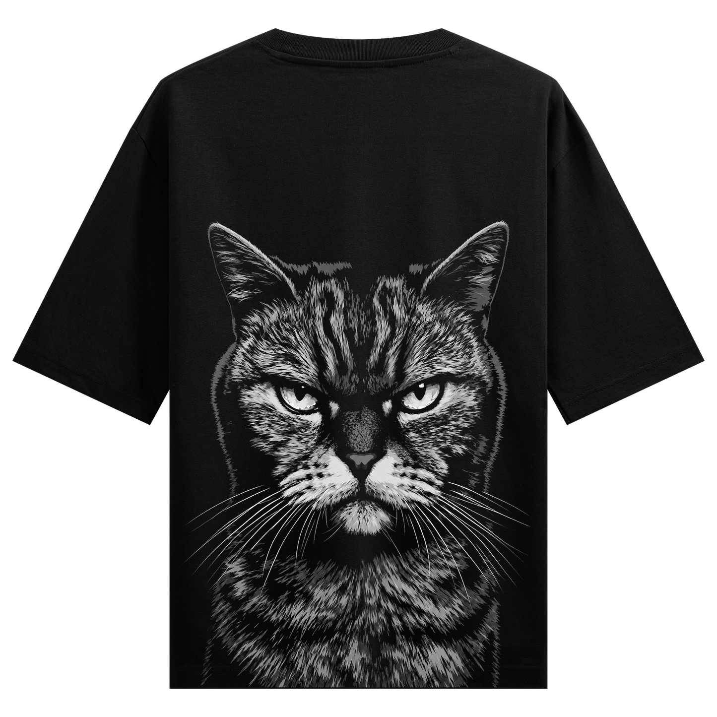 No Meowcy T-Shirt by PRDGY — monochromatic portrait of a staring cat, dark aesthetic design