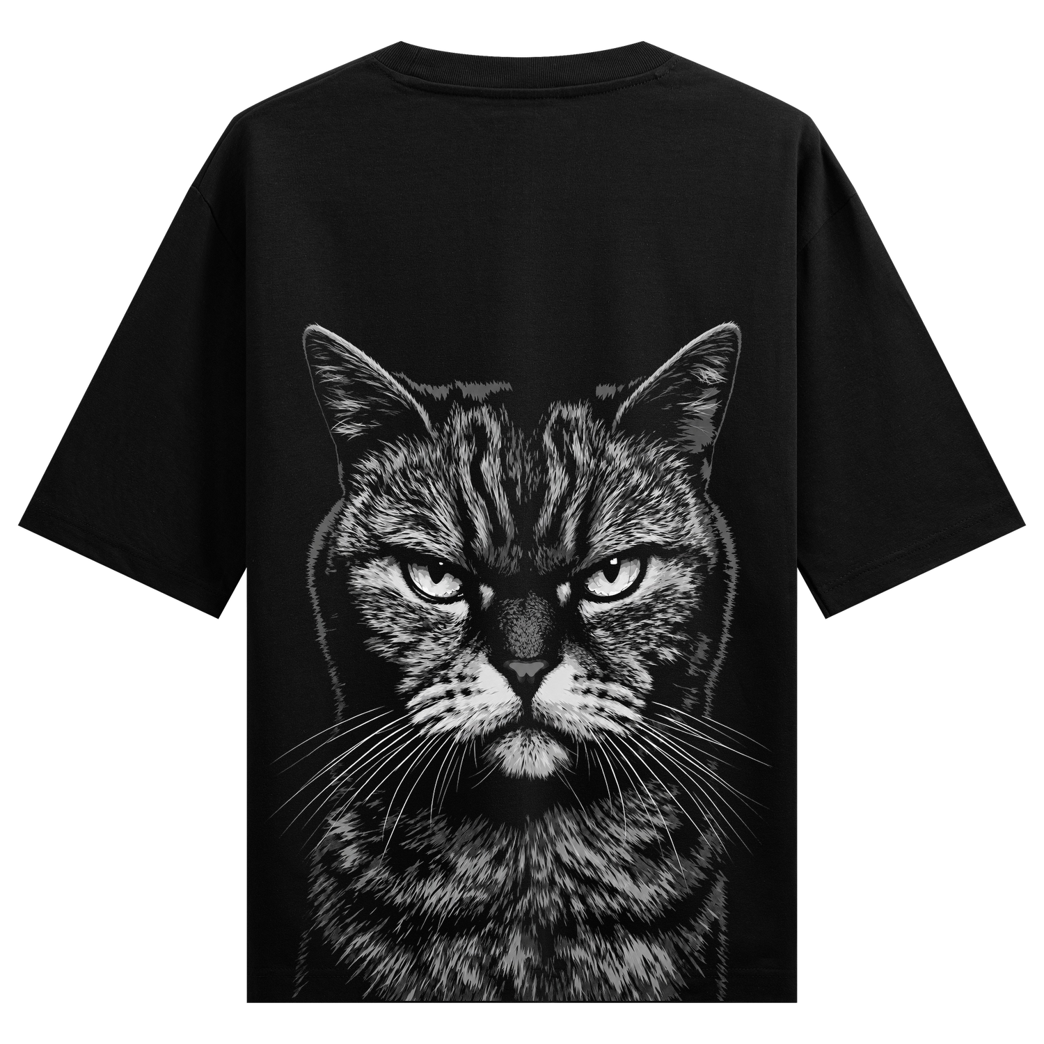 No Meowcy T-Shirt by PRDGY — monochromatic portrait of a staring cat, dark aesthetic design