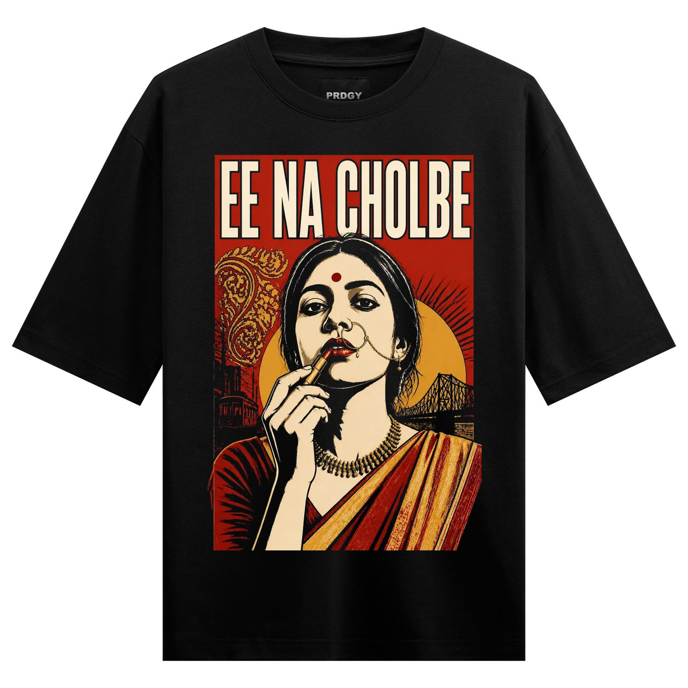 Bold Bengali Oversized T-Shirt by PRDGY — striking portrait of a woman with a red bindi and gold necklace applying lipstick