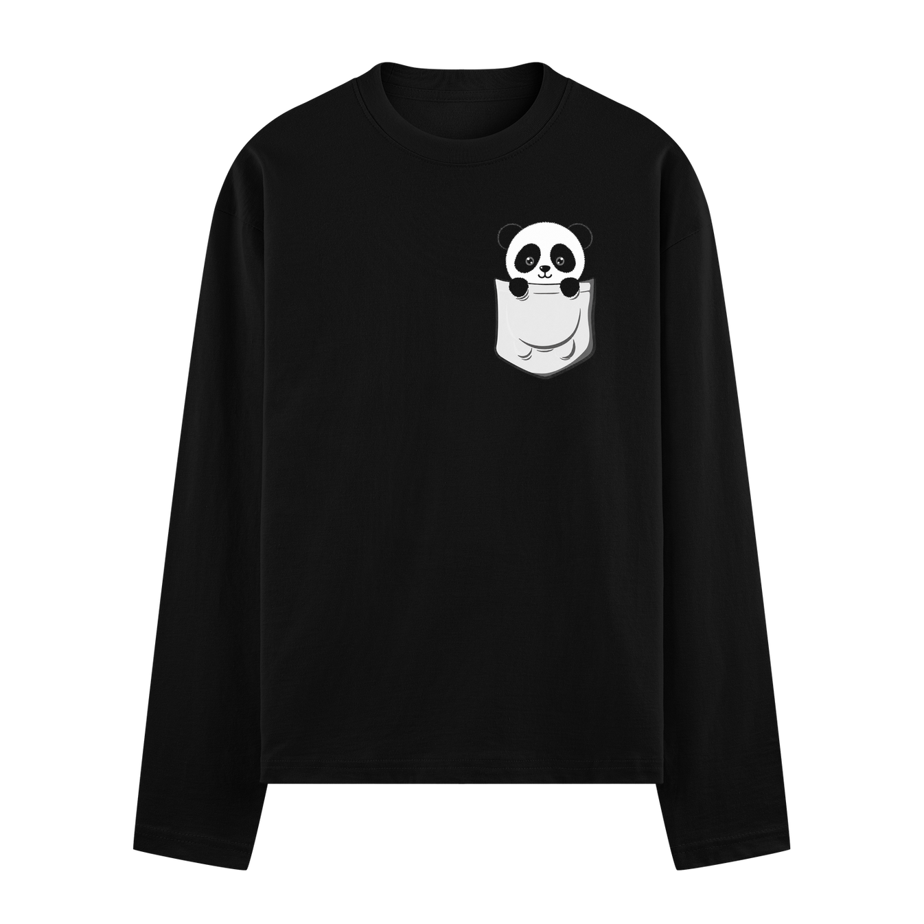 A black long-sleeve t-shirt featuring a cartoon panda face peeking out of a white pocket graphic on the left chest on PRDG...