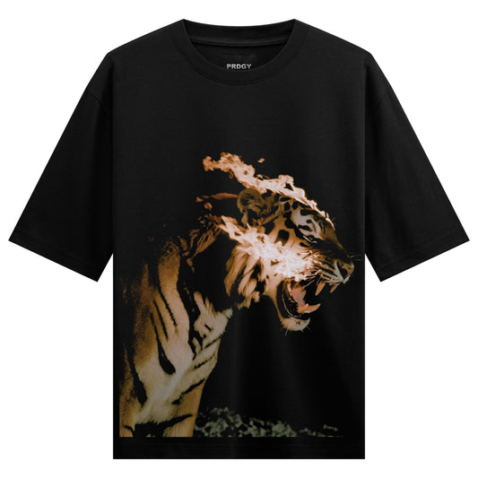 A detailed tiger s head with its mane and face engulfed in bright orange and yellow flames against a black background on P...