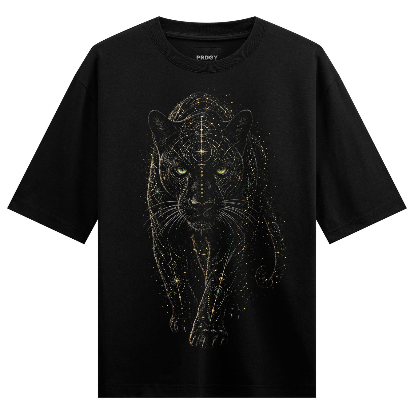 A black panther with glowing green eyes walks forward covered in intricate gold geometric lines and star-like dots on a bl...