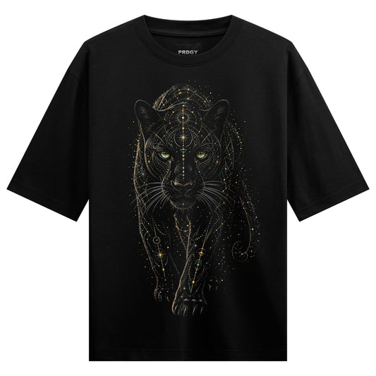 A black panther with glowing green eyes walks forward covered in intricate gold geometric lines and star-like dots on a bl...