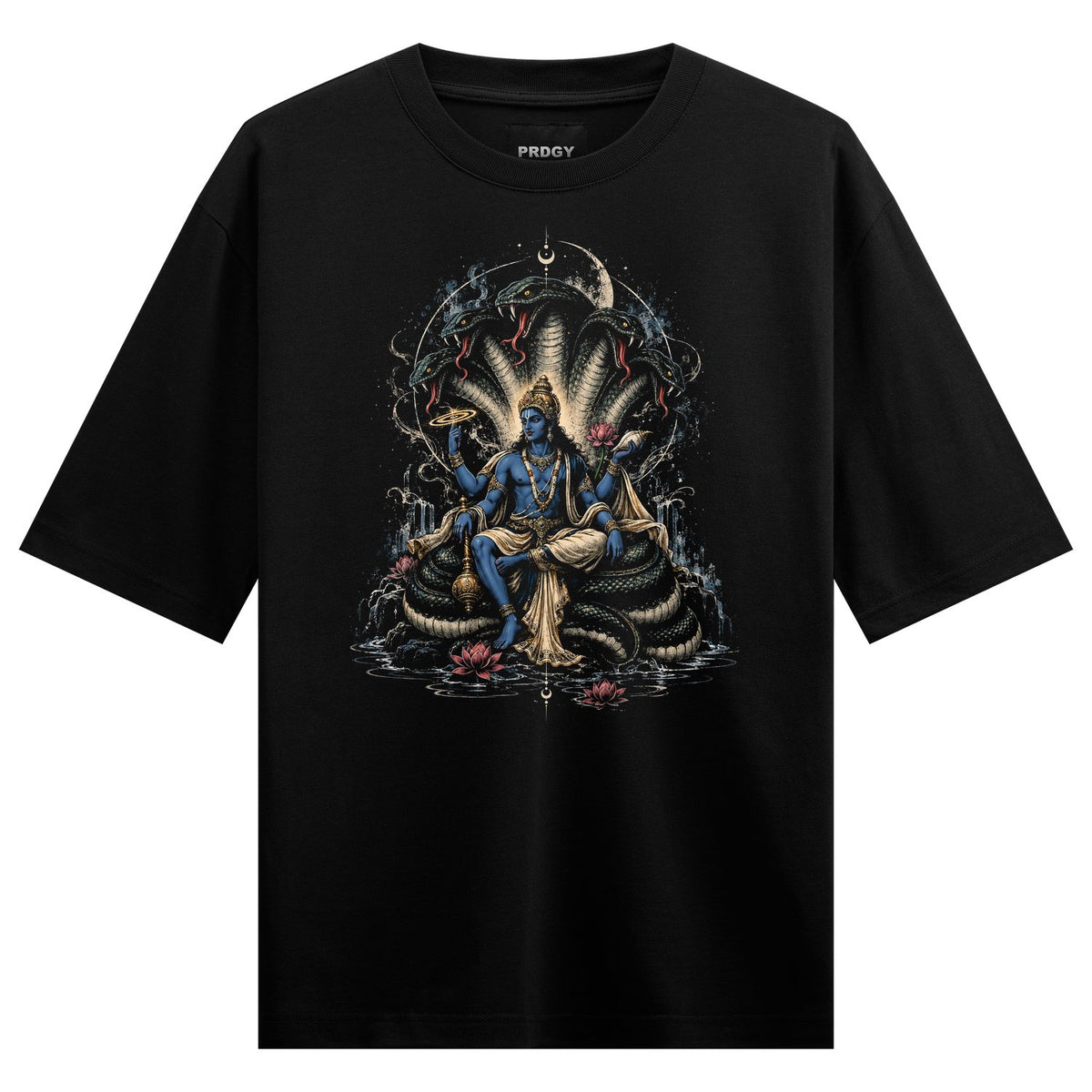 A blue deity with multiple arms sits on a coiled serpent under a moon crescent surrounded by lotus flowers and dark cosmic...