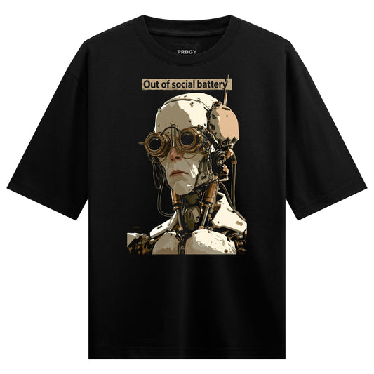Social Battery Down Oversized T-Shirt by PRDGY — robot face with goggles and text 'Out of social battery', humour design