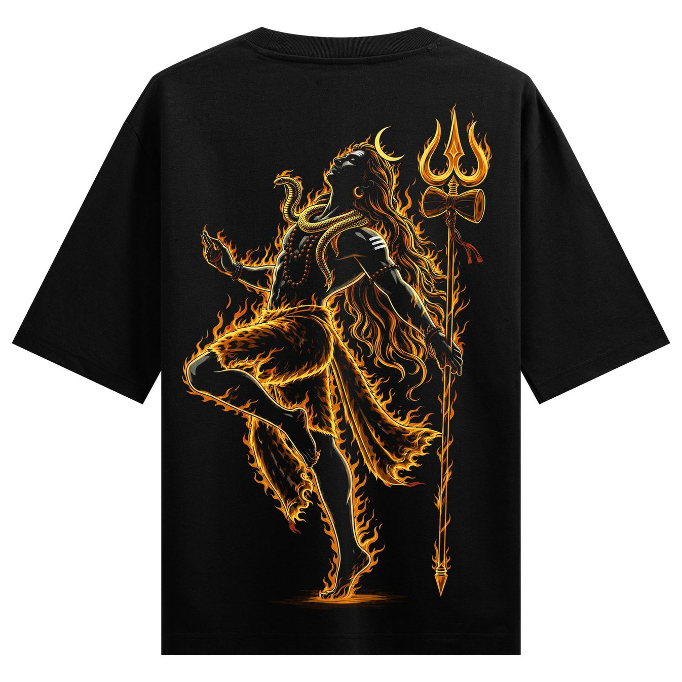 A dynamic depiction of Lord Shiva dancing amidst vibrant orange and yellow flames holding a trident and adorned with a cob...