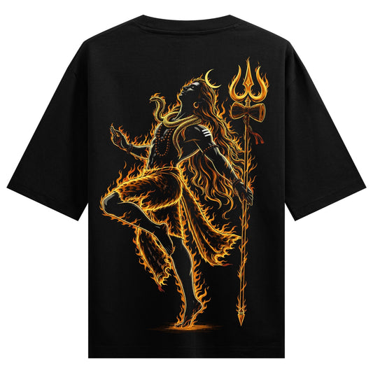 A dynamic depiction of Lord Shiva dancing amidst vibrant orange and yellow flames holding a trident and adorned with a cob...