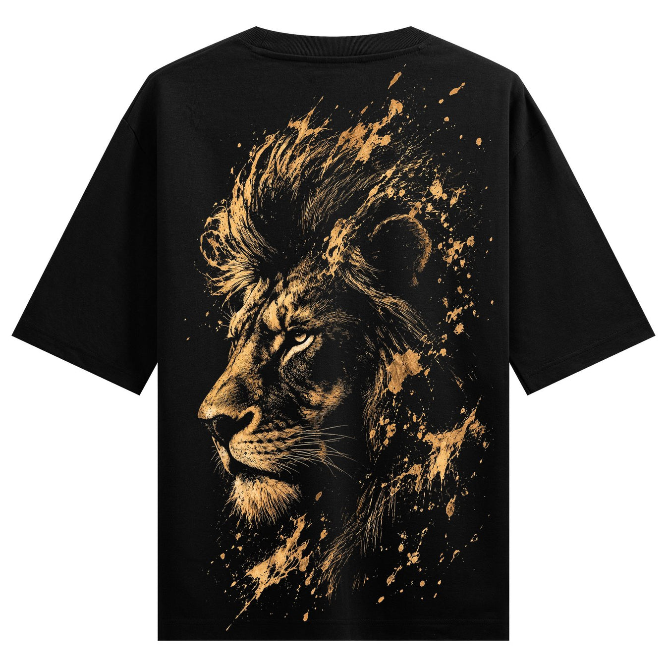 A black t-shirt features a lion s profile in gold and brown with golden paint splashes erupting from its mane and body on...