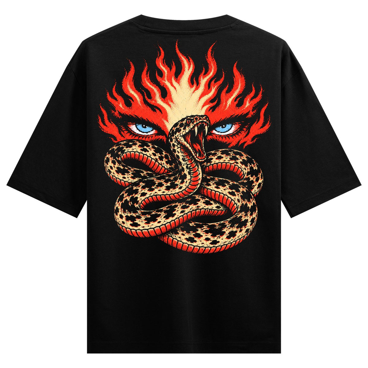 Flame Serpent Oversized T-Shirt — a coiled spotted snake with blue eyes and red outlined scales, crowned by a red