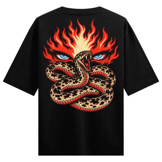 Flame Serpent Oversized T-Shirt — a coiled spotted snake with blue eyes and red outlined scales, crowned by a red