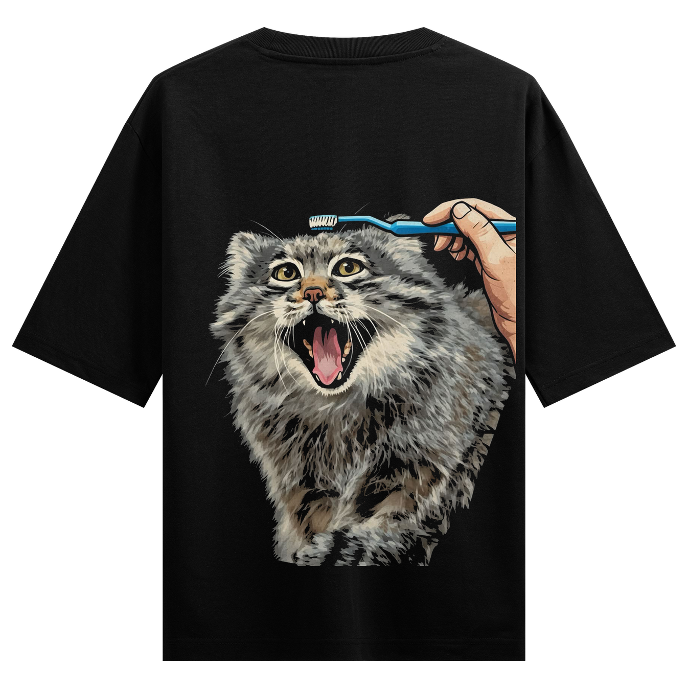 Cat Dant Manjan Oversized T-Shirt by PRDGY — grumpy cat being brushed with a toothbrush, animal design