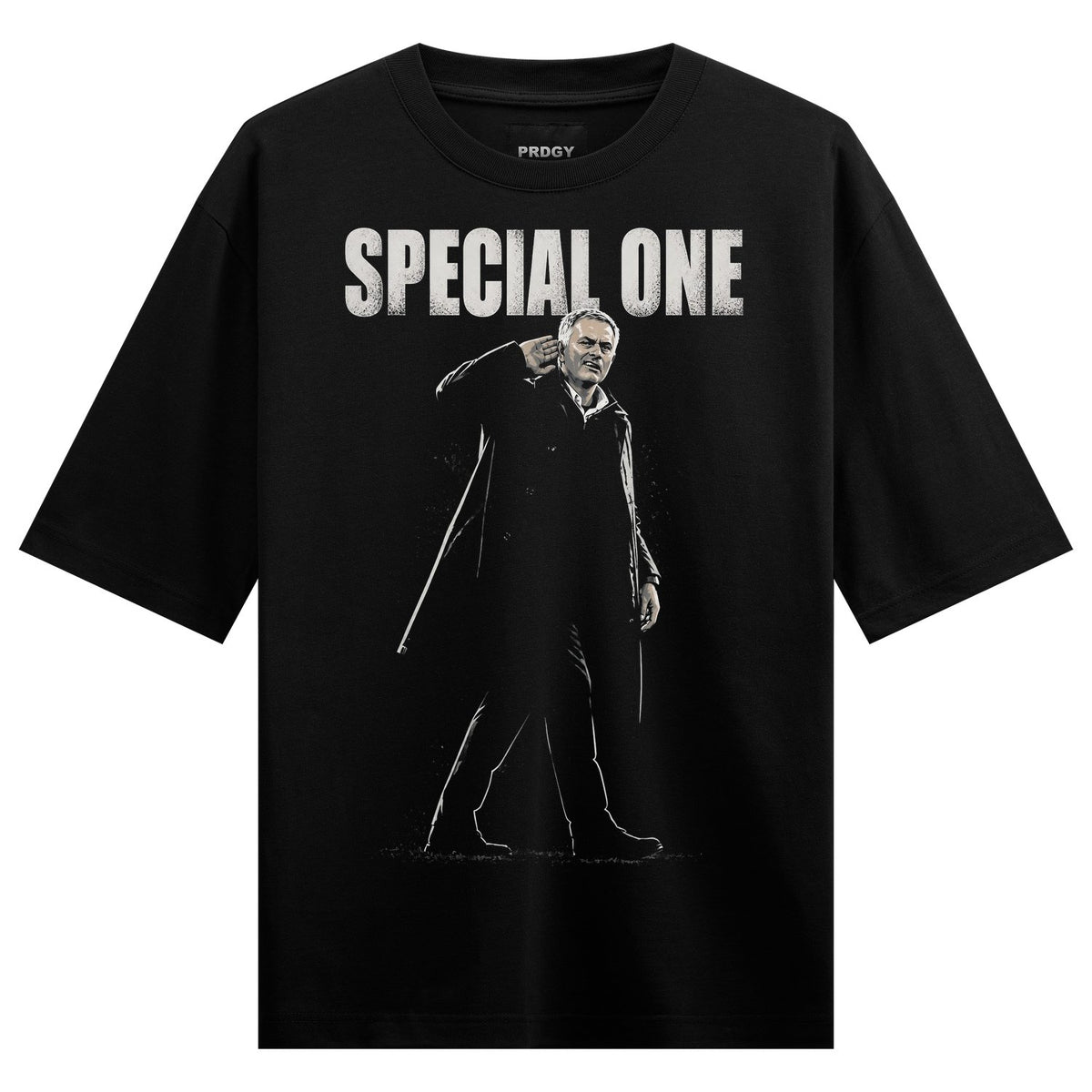 A black t-shirt features a monochrome portrait of a man in a trench coat with white text above and below on PRDGY oversize...