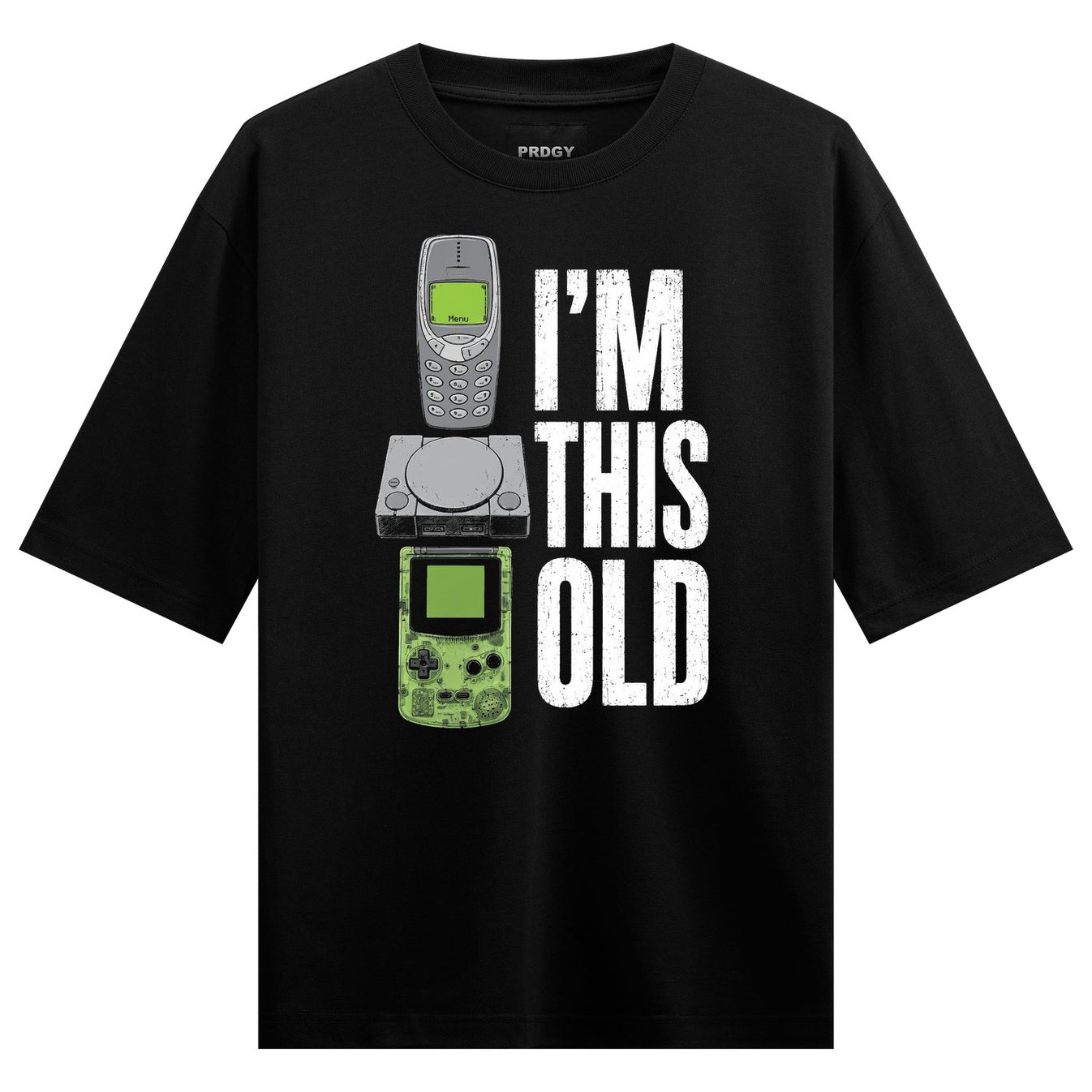 Black t-shirt with stacked vintage Nokia phone Game Boy and white distressed text reading I M THIS OLD with green screen o...
