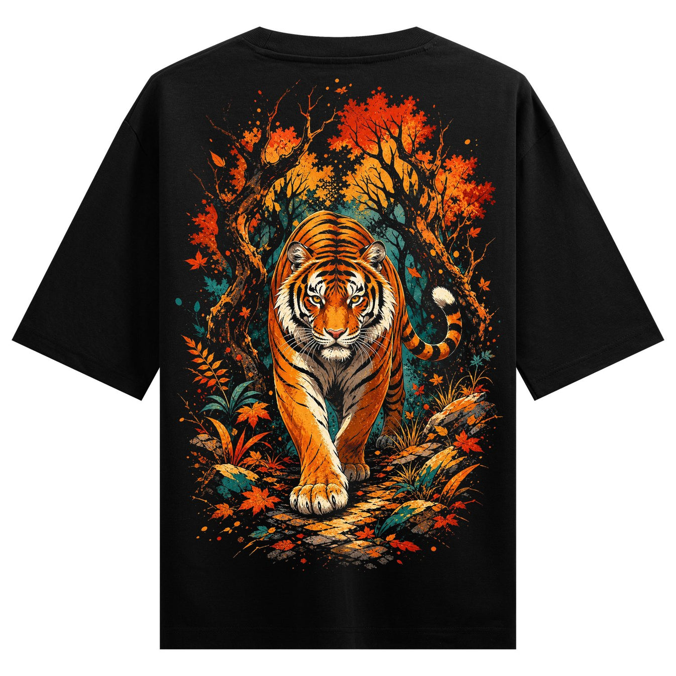 A detailed tiger walks forward on a textured path through a forest with dark trees and vibrant orange and green foliage on...