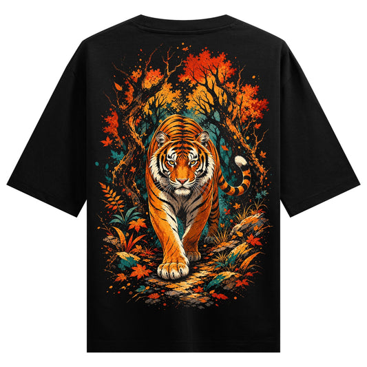 A detailed tiger walks forward on a textured path through a forest with dark trees and vibrant orange and green foliage on...