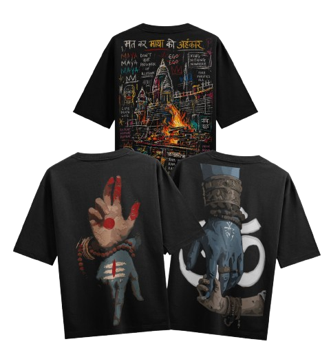 Bhasmasur T-Shirt by PRDGY — Sacred Shiva hand mudras and Om grasp, spiritual design.