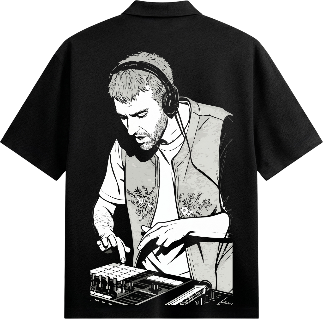 Loop Theory Shirt by PRDGY — black and white illustration of a DJ mixing music, DJ aesthetic design