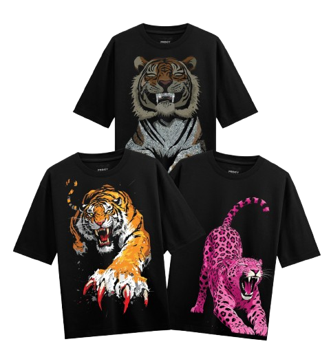 Wild Trinity T-Shirt by PRDGY — three fierce cats roaring, desi design.