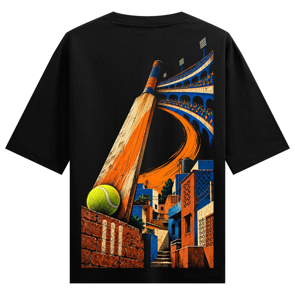 Gully Cricket Oversized T-Shirt — a cricket bat leaning against a colorful building with a tennis ball in front, set